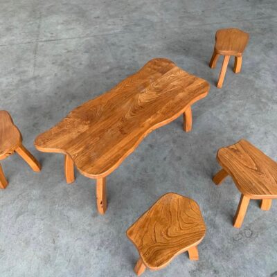 Plateau de table brutaliste et tabourets brutalistes vintage
